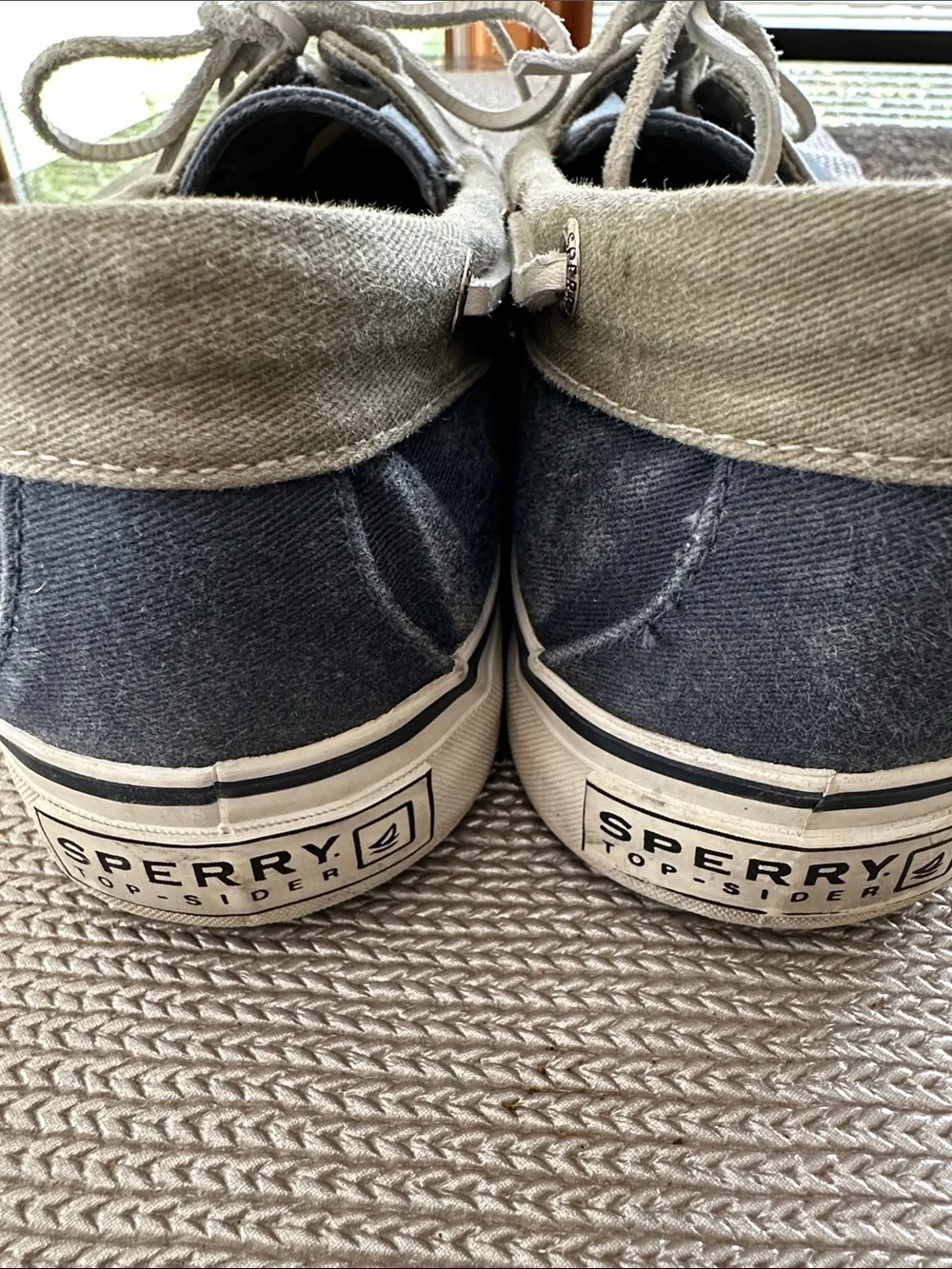 Sperry Two-Tone Canvas Boat Shoes in Navy and olive green